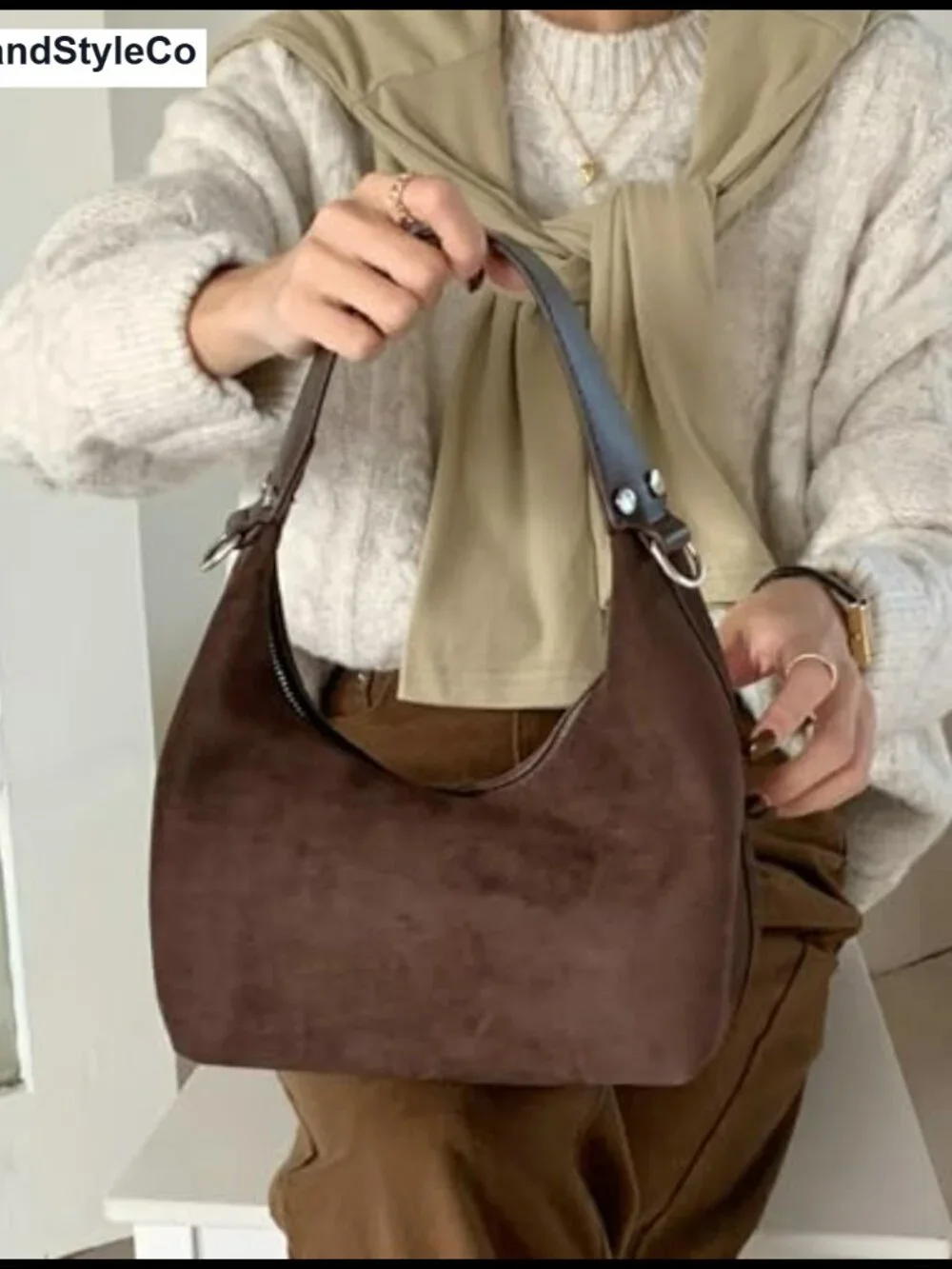 Vintage Suede Crescent Bag Slouchy Hobo Shoulder Purse for Women Work Handbag